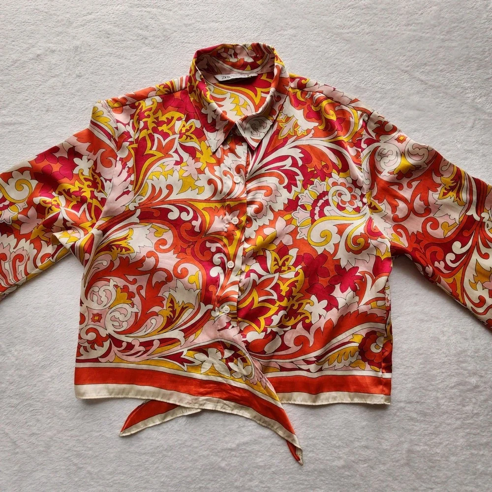 Zara Tie Front Blouse Womens XL Psychedelic Retro Floral Boho Festival Orange - Picture 9 of 14